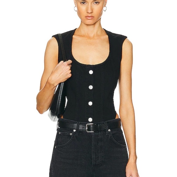 Frame Denim Black silver buttons Seamed Scoop Bustier top 100% cotton Sz 2 - Picture 2 of 9